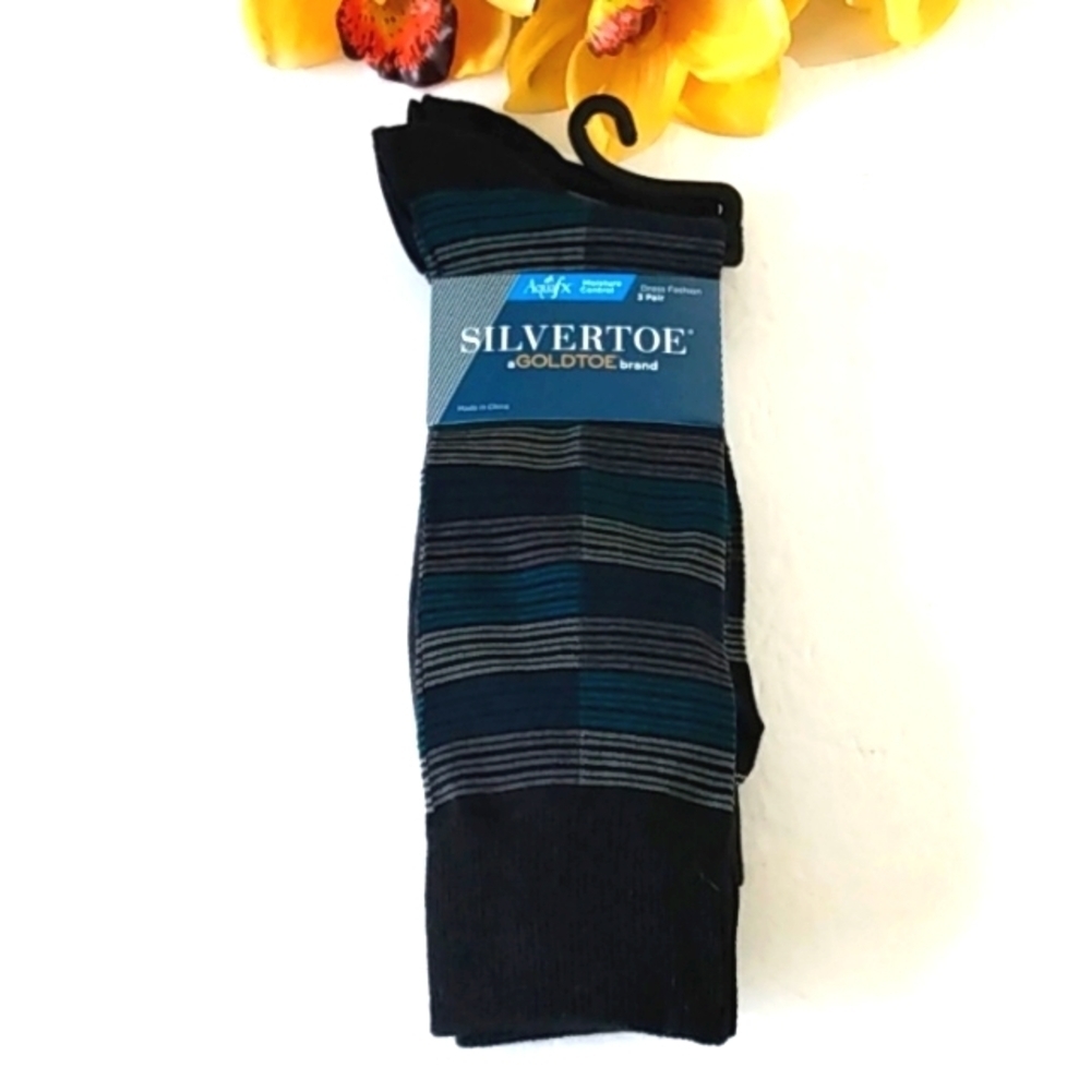 SILVERTOE GOLDTOE AQUAFX MOISTURE CONTROL DRESS SOCKS BLACK GRAY 3 PAIR SET NWT